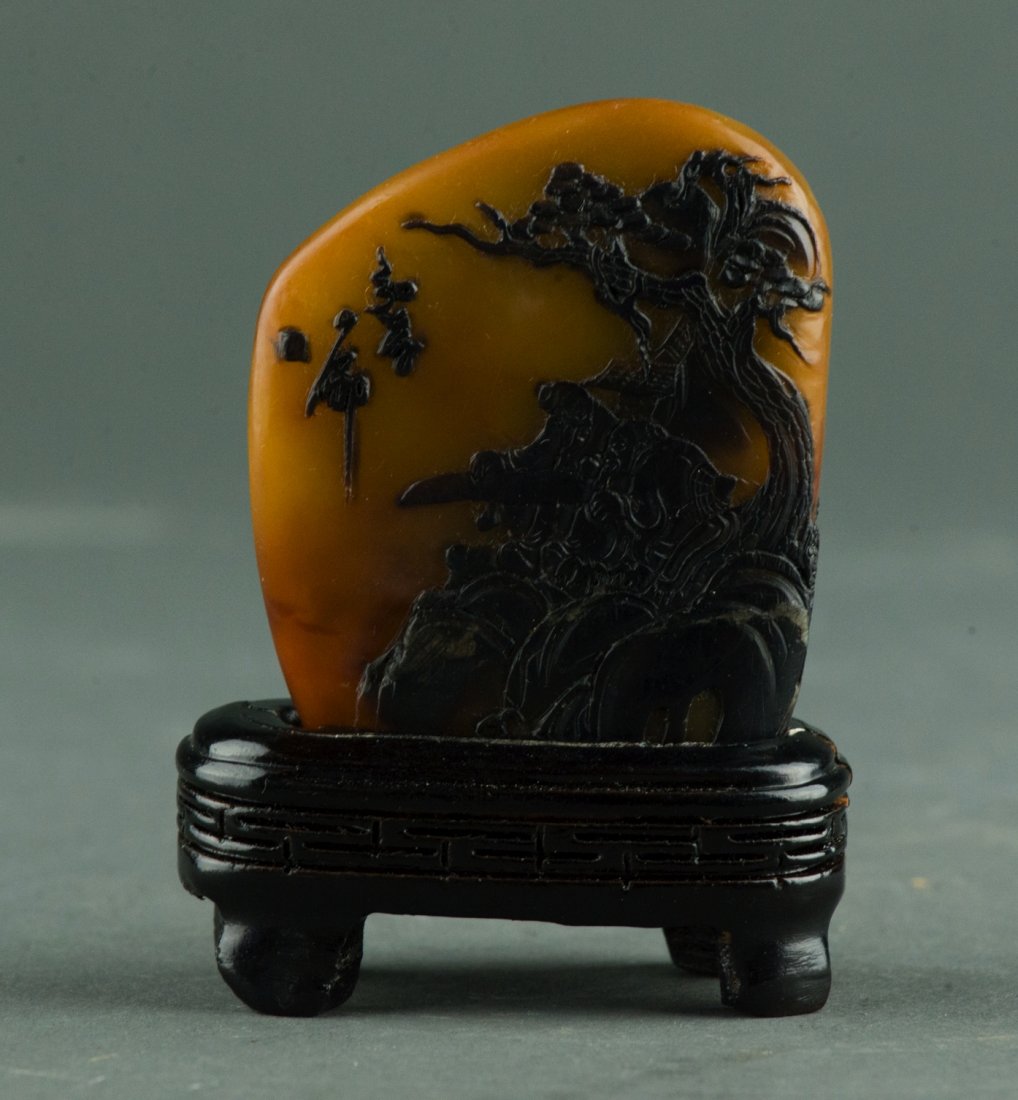 Chinese Black Crow Skin Tianhuang Stone Signed: Chinese Tianhuang stone pebble, featuring sages resting under tree, signed. On custom wood stand. H: 6 cm, W: 5 cm, 72 grams.