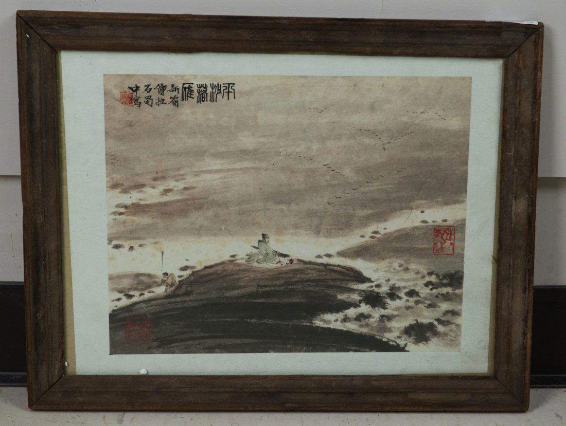 Chinese Scholar Painting Attributed to Fu Bao Shi: Scholar playing Guqin, Chinese ink and watercolour on paper, signed and sealed Fu Baoshi. Wood framed. 31.5 cm x 25.5 cm.