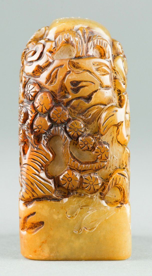 Shoushan Stone Seal Carved Continuous Landscape: Fine Chinese Shoushan stone carved seal, of rectangular seal with rounded top, featuring continuous scenes of auspicious pine tree, deer, bamboo and Fu bats. Bottom carved with four archaic characters