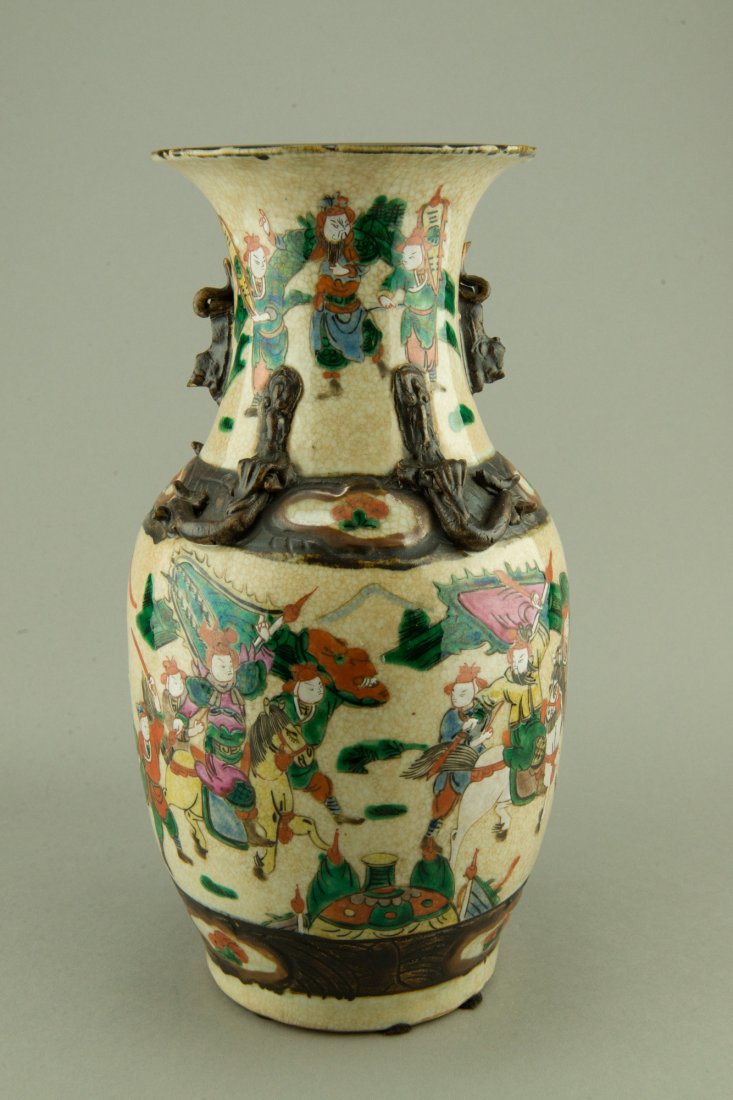 Chinese Famille Rose Vase Chenghua Brown Etched Mk: Early 20th Century Chinese Famille Rose porcelain vase, Ming style, of baluster form, featuring continuous scenes of warriors and horse. Bottom with brown etched Chenghua mark. H: 35 cm, D: 15 cm, 220