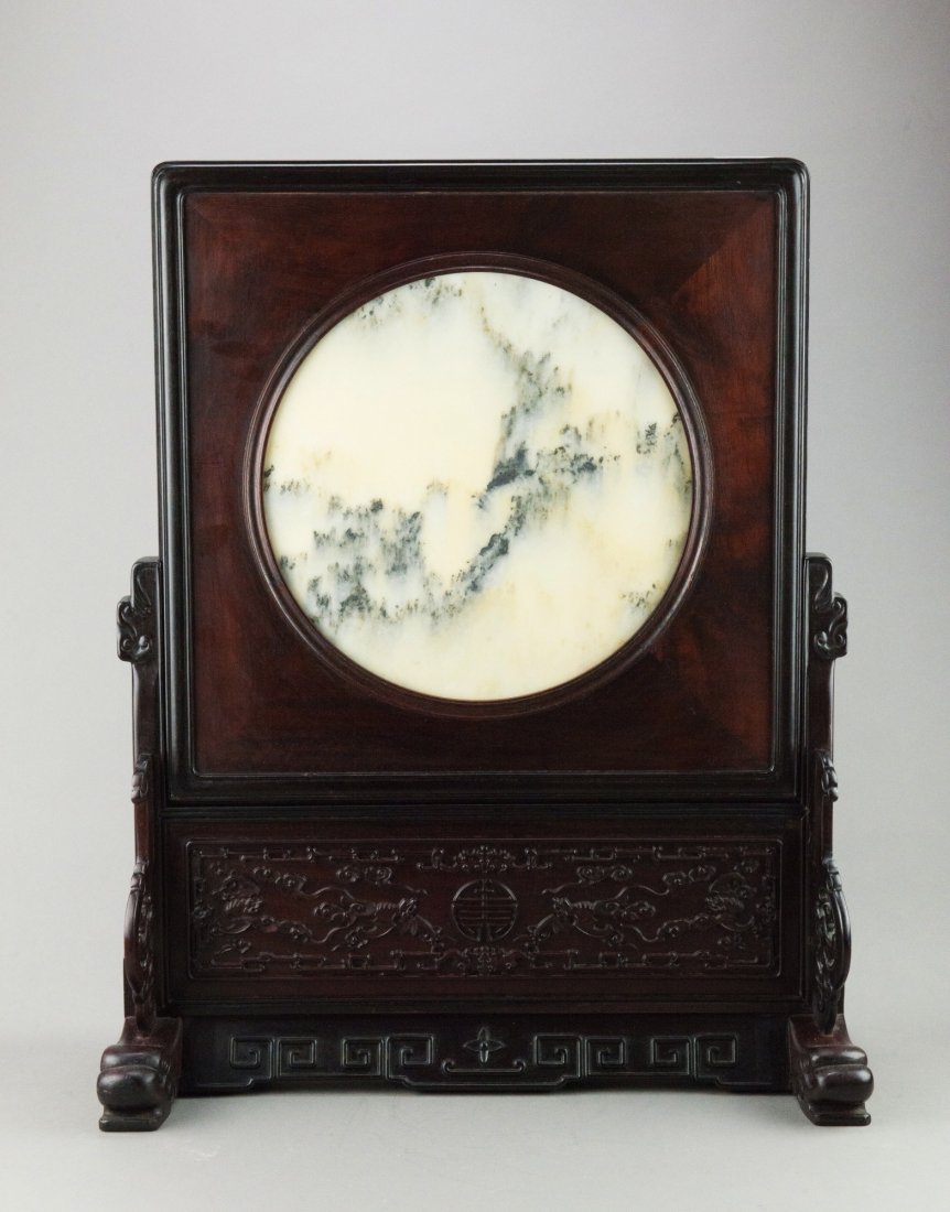 Chinese Ebony Wood Screen w Marble DÃ©cor: The rectangular wood screen centered with circular marble decor, the pattern resembles Chinese landscape, with carvings and motifs on screen base. 70 cm x 49 cm, D: 32 cm.