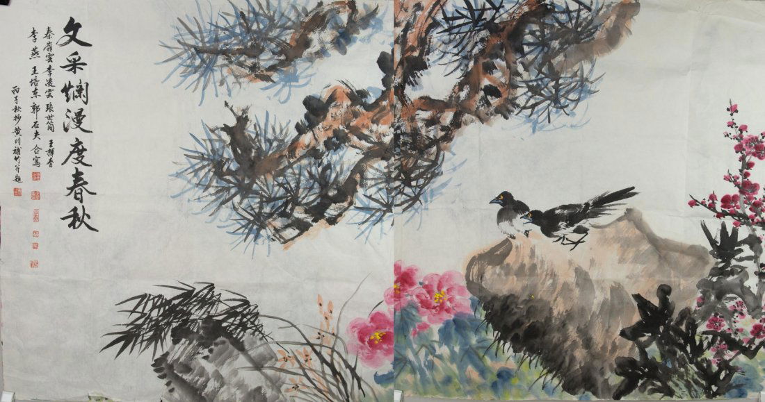 Chinese Bird & Landscape Signed Group of 8 Artists: Chinese landscape and bird, Chinese ink and watercolour on paper, signed and sealed by artist group: Li Yan, Qin Lin Yun, Li Lin Yun, Zhang Shi Jian, Wang Hui Chun, Wang Pei Dong, Huang Jun, Guo Shi F
