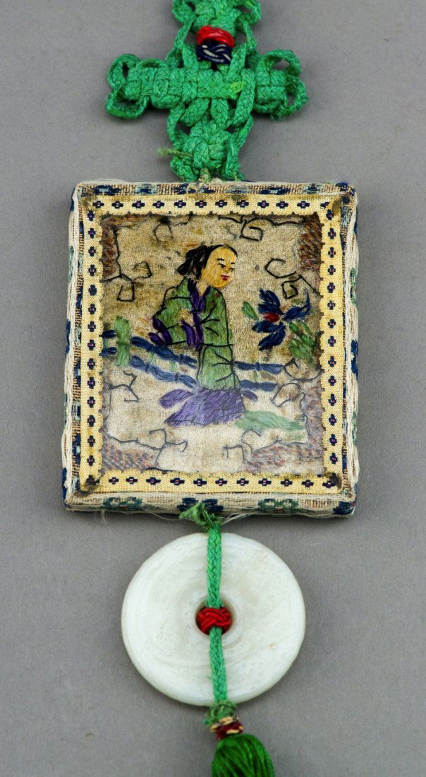 Qing Period Chinese White Jade Embroidery Pendant: Qing period, Chinese hanging pendant, featuring white jade disc and Chinese embroidery with mirror. H: 7.4 cm, W: 6.2 cm, D: 3.8 cm, 64 grams.