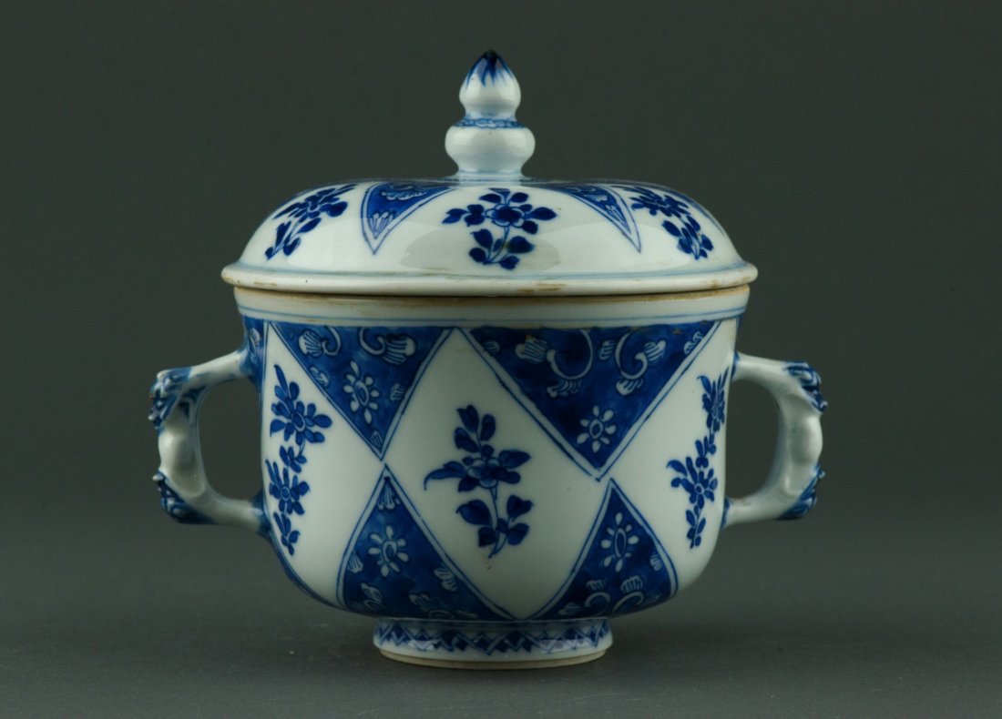 18thC Antique Chinese Blue & White Bowl Certified: Certified Chinese antique blue and white porcelain bowl with lid, 18th Century, of bell shape with handles and lid, body decorated with foliage and triangular patterns. Bottom sticker marked The Briti