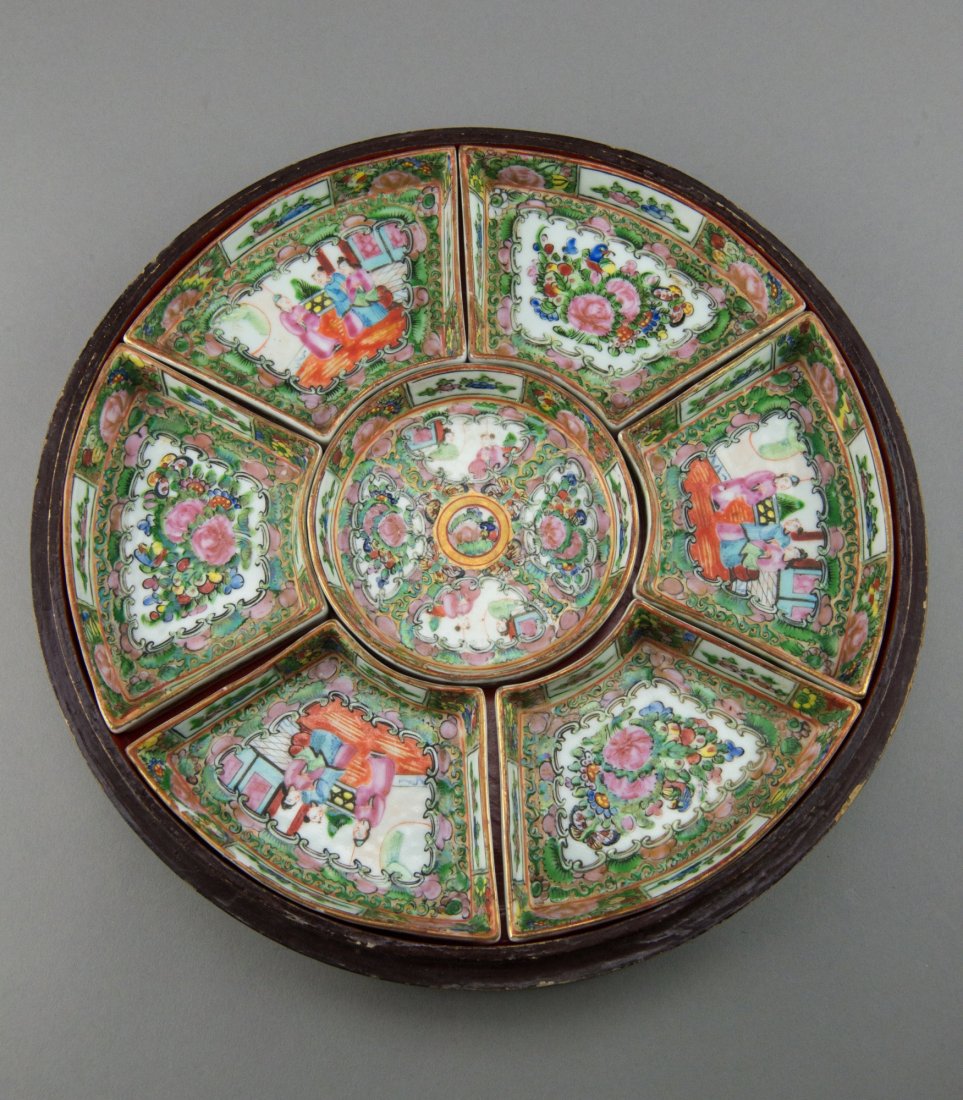 7 Pcs Qing Chinese Canton Dishes in Lacquer Box: Set of seven pieces, Qing Chinese Canton enamel dishes, dishes painted court scene, base marked CHINA, resting in lacquer box painted resting scholars and marked marker's mark Guang Zhou Shun Xing Lon