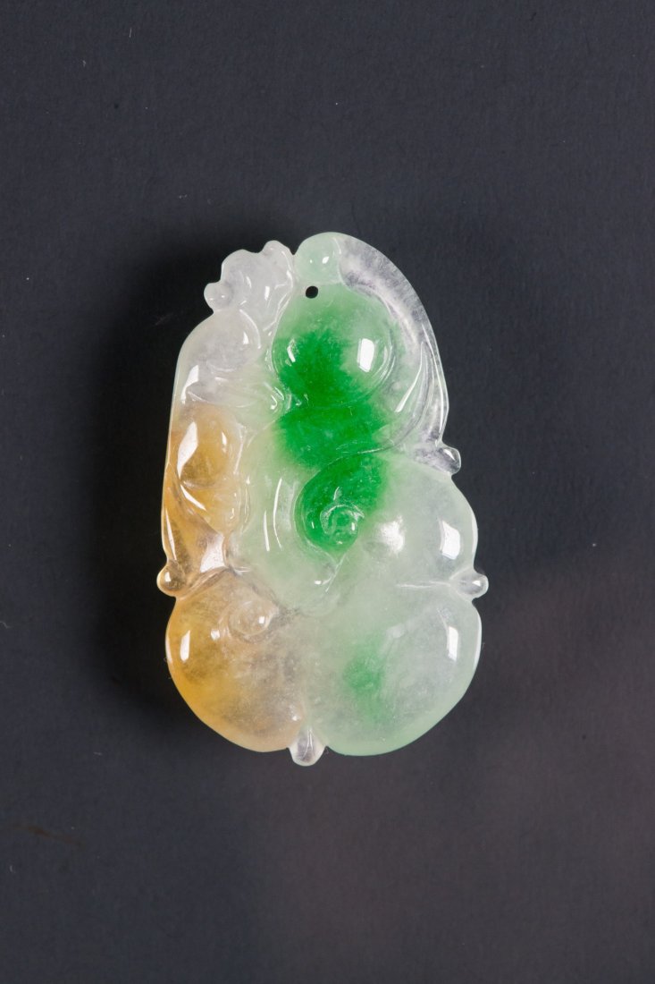 Chinese Icy Tri Tone Jadeite Monkey & Ruyi Pendant: 冰种三色雕吉猴如意翡翠吊饰 Chinese jadeite carved pendant, featuring monkey, pearl and ruyi, the stone of white tone with 