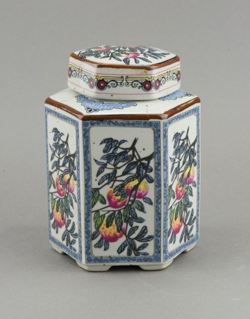 Japanese Porcelain Tea Jar Painted Peaches Marked