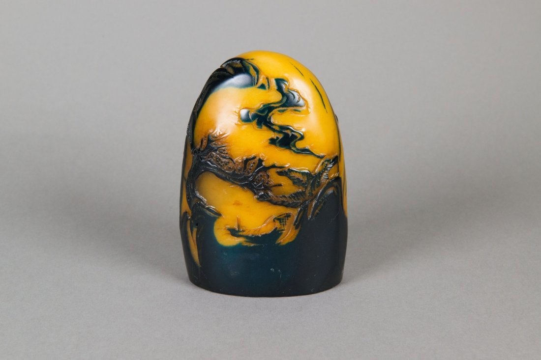 Chinese Black Crow Skin Shoushan Stone Seal: 寿山石雕山水摆件 Chinese shoushan stone carved black crow skin seal; featuring landscape scene with sages; of translucent honey tone and seal face uncar