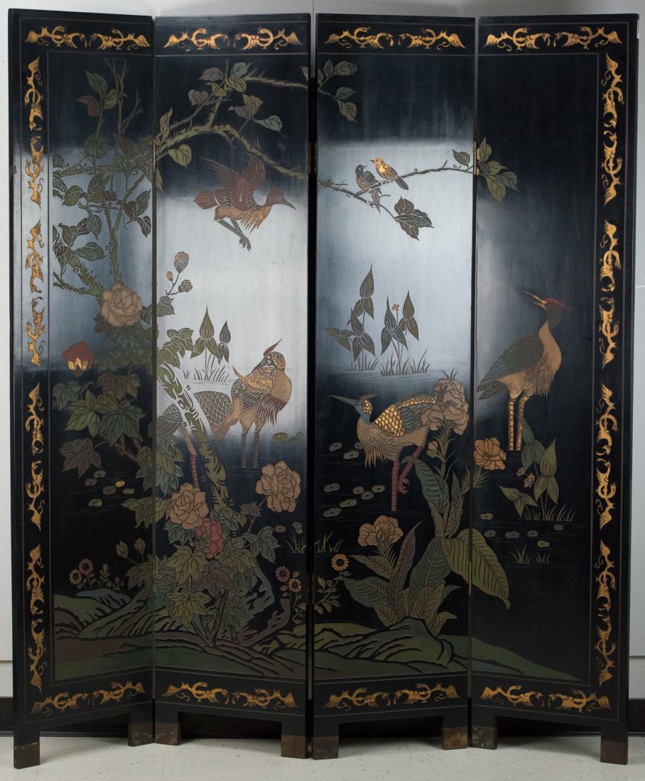 Set of Four Chinese Black Lacquer Panel Screens: Set of four (4) Chinese black lacquer panel screens, painted cranes and peonies, with landscape motifs and golden border; 170 cm x 40 cm each panel. Please inquire about condition