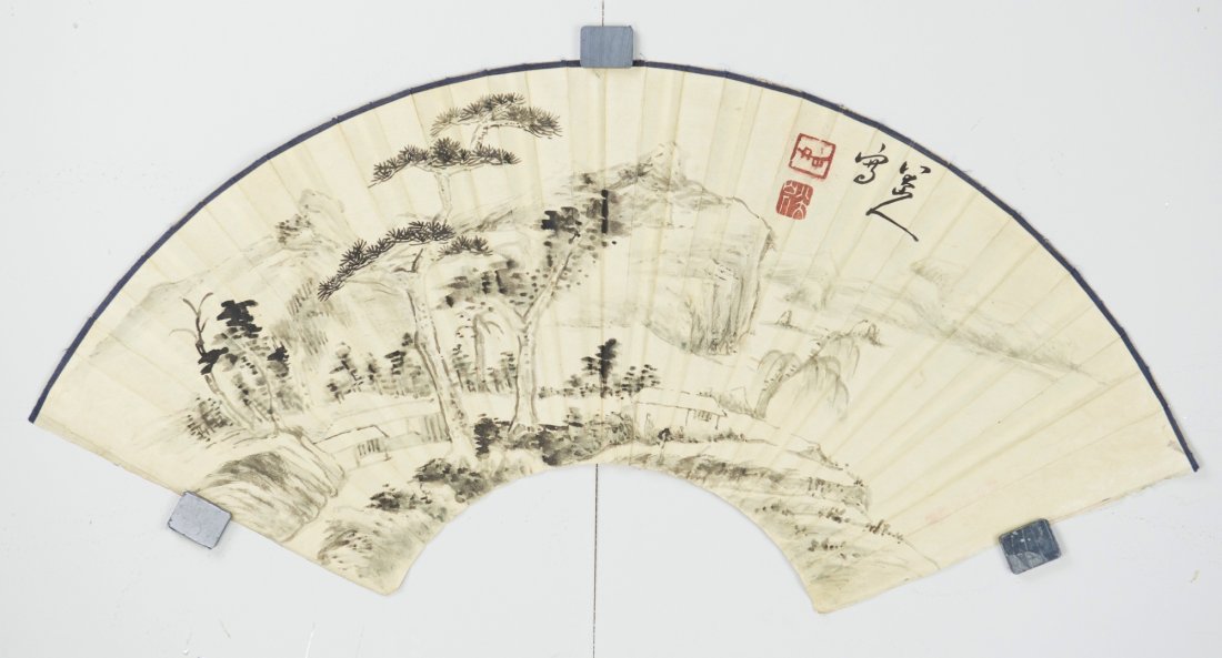 Chinese Landscape Fan Bada Shanren 1626-1705: Chinese landscape, Chinese ink and watercolour on fan, signed Bada Shanren (born Zhu Da ca. 1626-1705) with red seals. 23 cm x 54 cm.