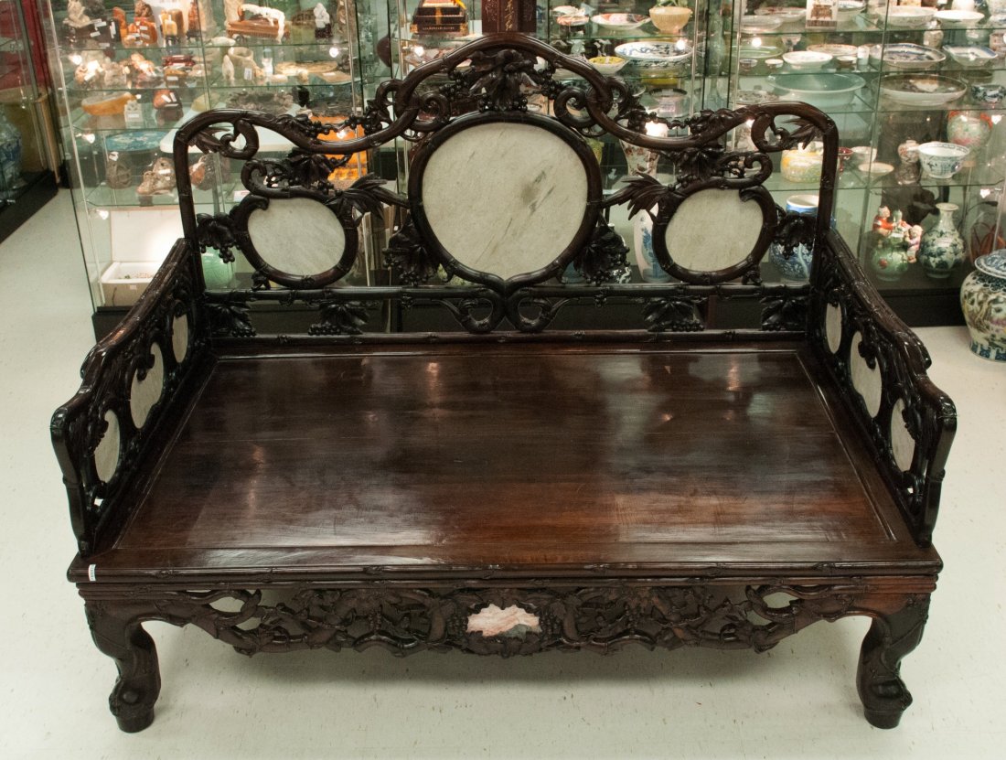 Qing Chinese Rosewood Opium Bed Inset Marble: Qing Period, Chinese Rosewood carved opium bed, featuring scrollwork and inset marble dreamstone, supported on four cabriole legs. W: 200 cm, Depth: 125 cm, H: 95 cm.