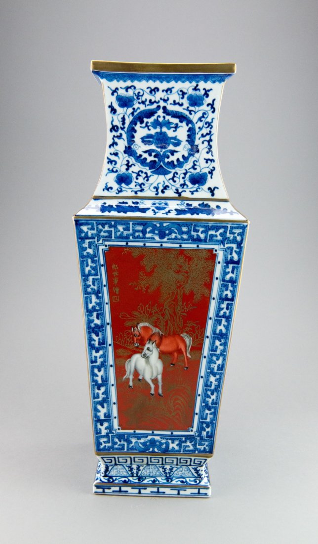 Chinese Famille Rose Lang Shi Ling Vase Qianlong: Chinese Famille Rose porcelain vase, decorated with panels of horses signed Lang Shi Ling, with gold rims and decorative lines, base marked six characters Qianlong mark. H: 41 cm, W: 16 cm. Provenance