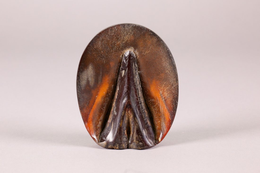 Chinese Horn or Hoof Carved Paper Weight: Chinese horn or hoof carved paper weight; of oval form; H: 10 cm, W: 8 cm, 74 grams