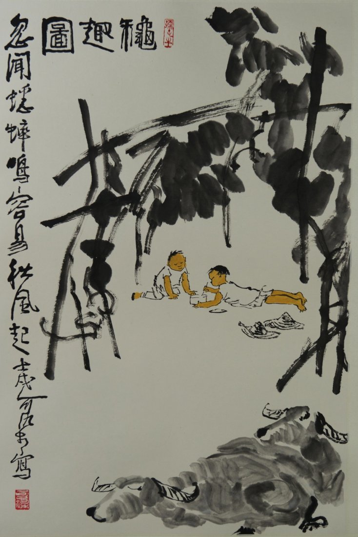 Buffalo &Children Painting Li Keran 1907-1989: 李可染 秋趣图设色纸本 Buffalo and children, Chinese ink and watercolour on paper, signed Li Keran with red seals. 67 cm x 44 cm. Provenance: