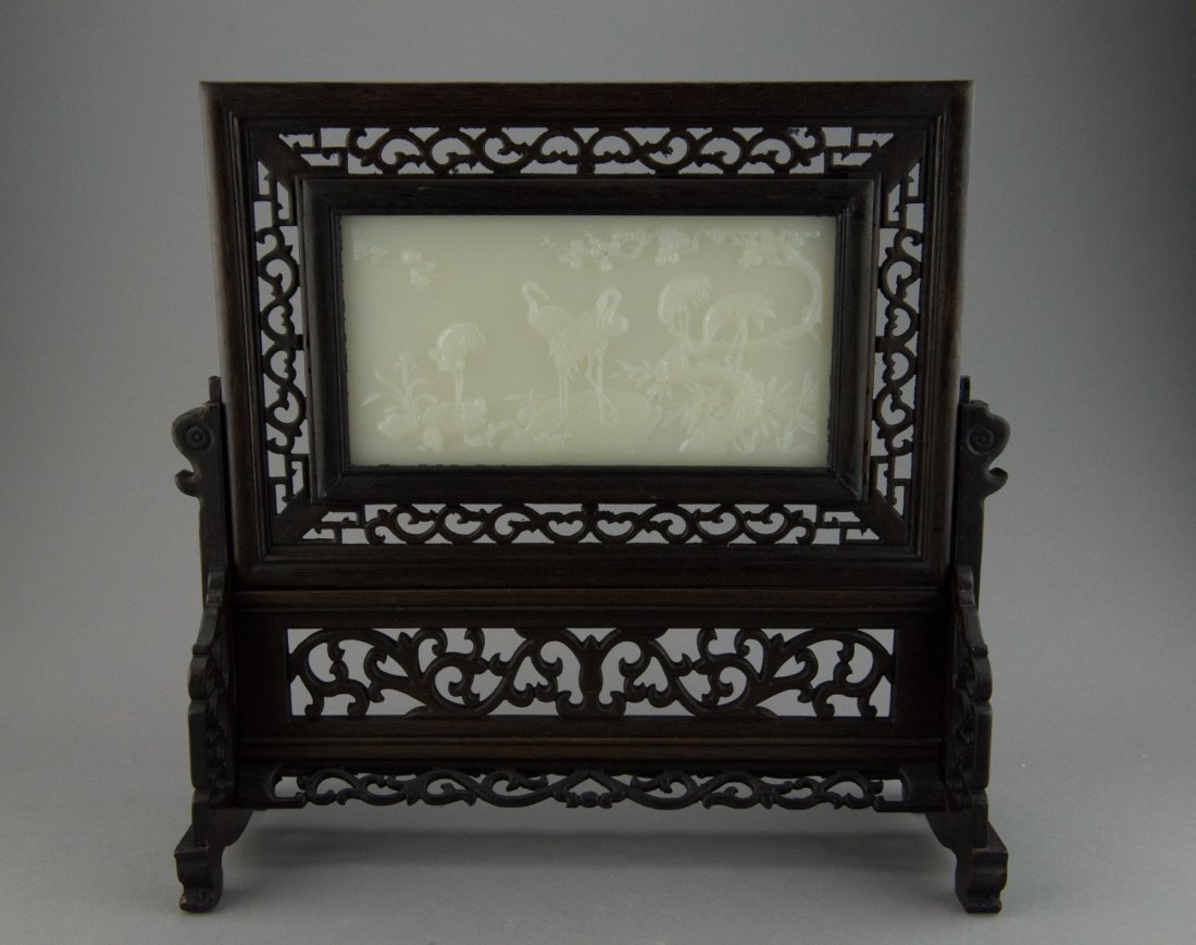 Chinese White Hardstone Screen Carved Cranes: 镂雕木镶白硬岩仙鹤屏风 Chinese white hardstone screen carved cranes, framed within rectangular open works table frame. H: 11 cm, W: 21