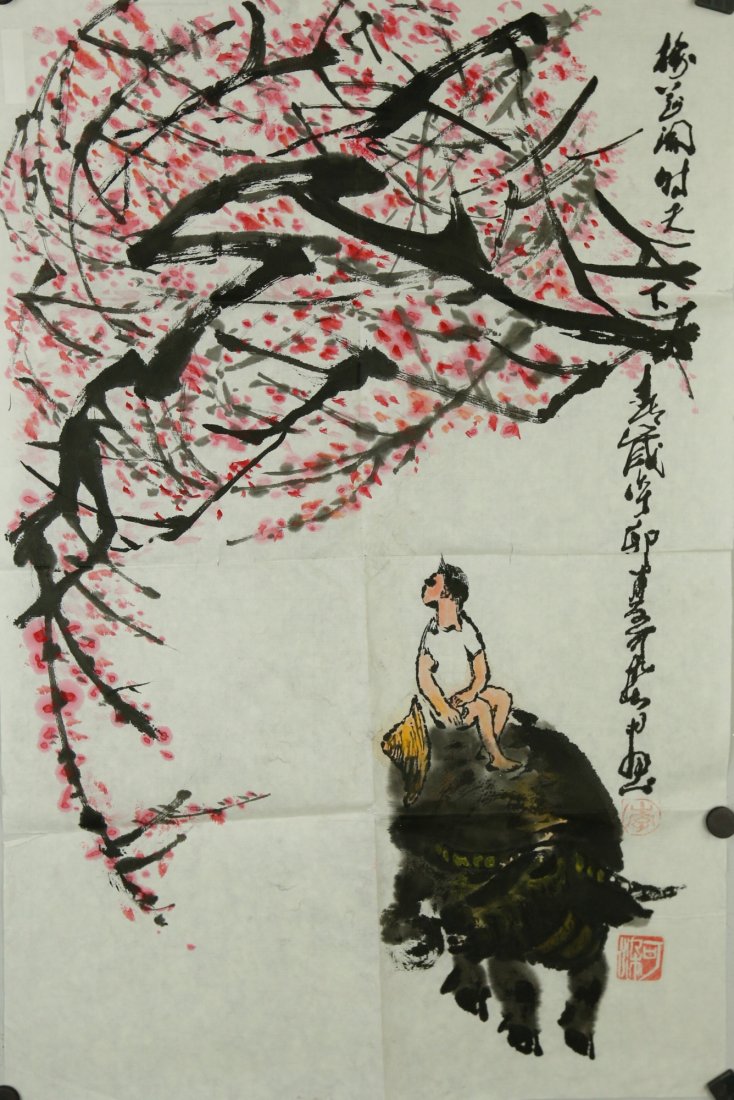 Li Keran Painting on Paper (1907-1989): Boy on water buffalo under plum blossom tree; Chinese ink and watercolour on paper; signed Li Keran and inscribed with two artist seals; 69 cm X 45 cm
