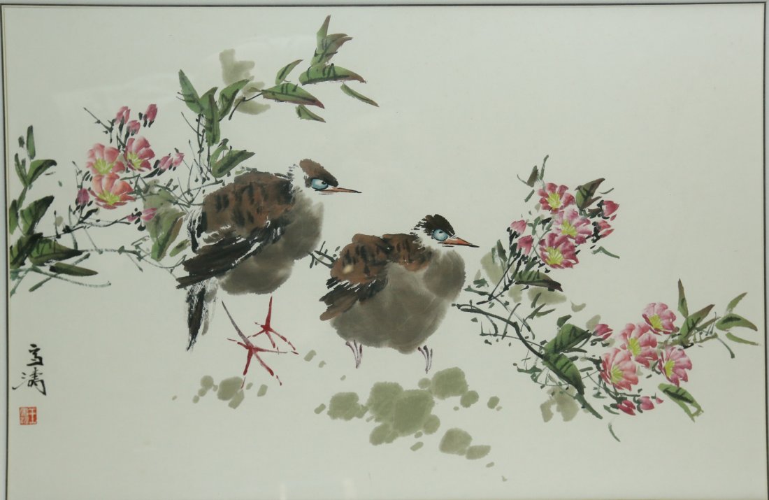 Watercolor Birds & Flowers Wang Xuetao 1903-1982: Birds and flowers; Chinese ink and watercolour on paper; signed Wang Xuetao and inscribed with one artist seal; framed; 46 cm x 58 cm (painting), 66 cm x 94 cm (with frame)