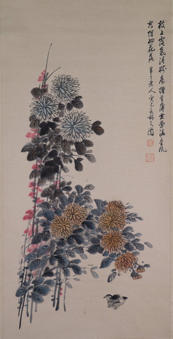 2Chinese WC Scroll Chen Ban Ding 1876-1970: Chrysanthemum and chicks; Chinese ink and watercolour on paper; hanging scroll; signed Chen Ban Ding (1876-1970) and inscribed with two artist seals; 100 cm x 48 cm
