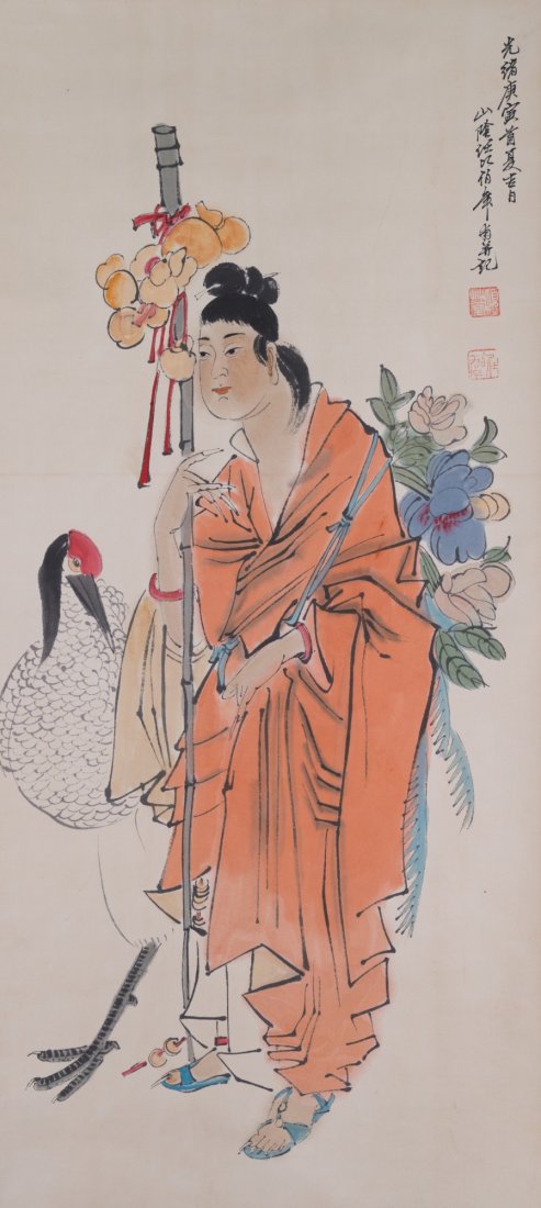 Chinese Watercolour Ren Bo Nian 1840-1896: A beautiful lady carrying a calabash with a crane; Chinese ink and watercolour on paper; hanging scroll; signed Ren Bo Nian (1840-1896) and inscribed with two artist seals; 96 cm x 44 cm