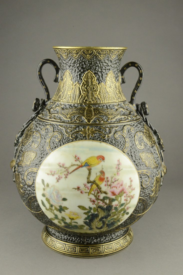 Chinese Gilt Bronze Porcelain Vase w Yongzheng Mk: Chinese Famille Rose porcelain vase, of Hu shaped, central medallion painted songbirds and peonies amidst textured gilt floral spray ground between Yun scroll and plantain leaves. Four character Yongz