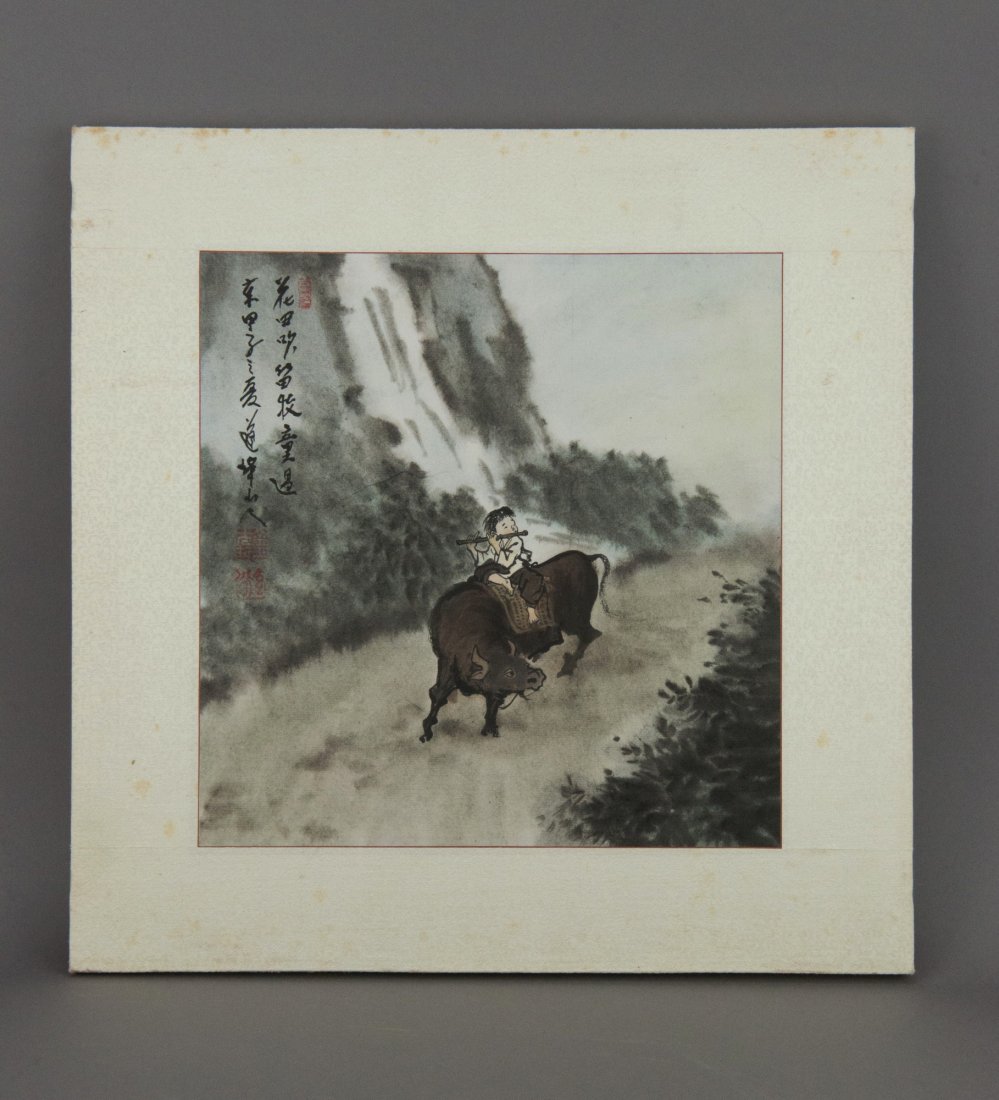 Korean Child on Cow Framed Painting Signed (1 of 3)