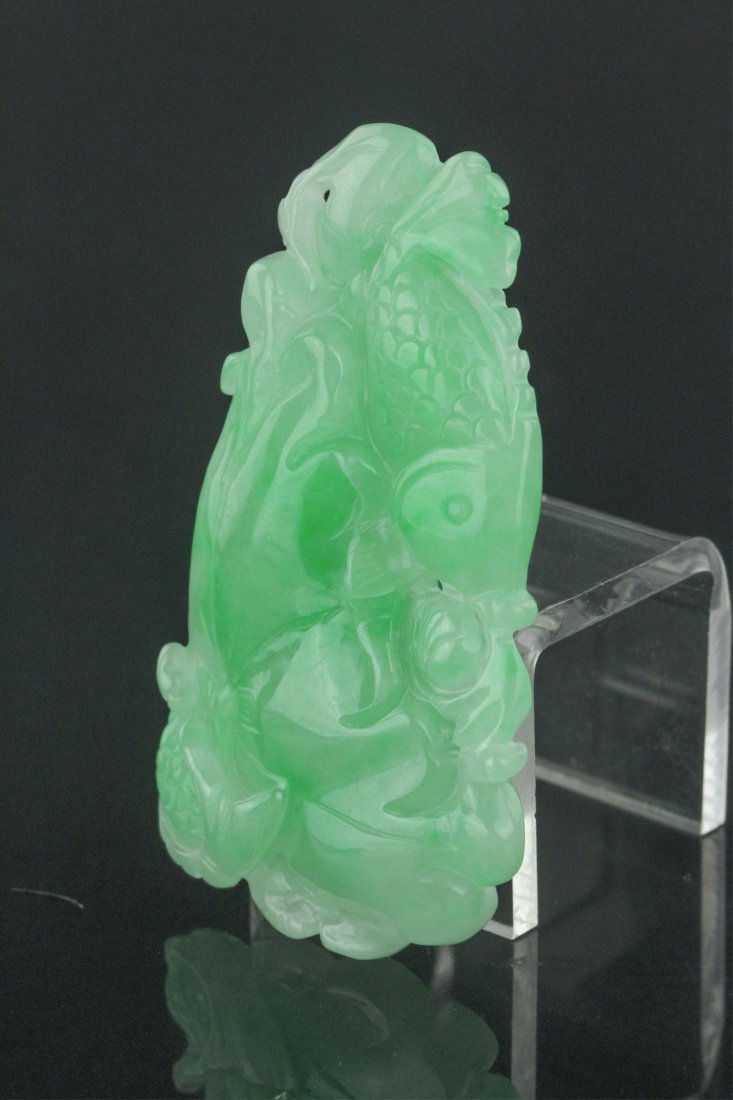 Chinese Green Jadeite Pendant of Carps & Lotus (1 of 5)