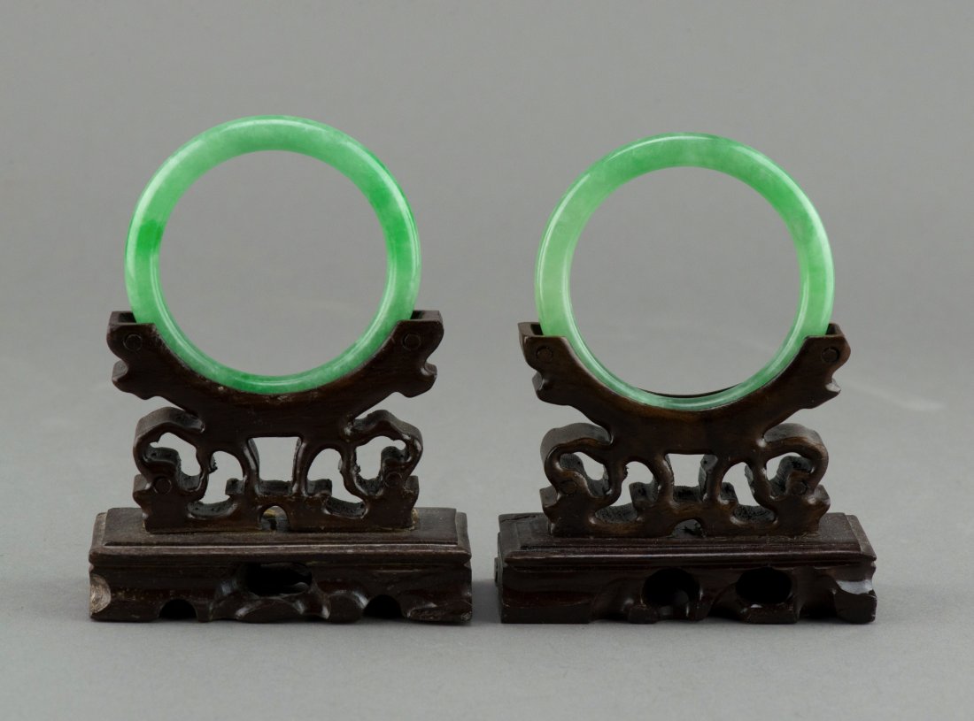 Pair of Chinese Emerald Green Jadeite Bangles (1 of 5)
