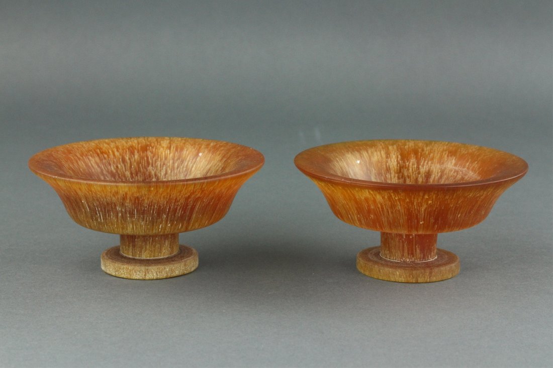 Pair Chinese Horn Carved Stem Cups (1 of 9)