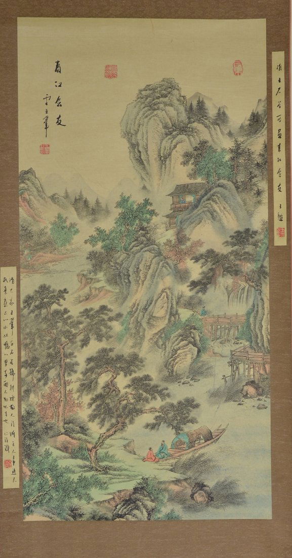 Chinese WC Hanging Scroll Wang Hui 1632-1717: 王翚 春江会友图 纸本立轴 Hanging scroll, Chinese watercolour painting, ink and colour on paper, signed Wang Hui; inscribed and signed