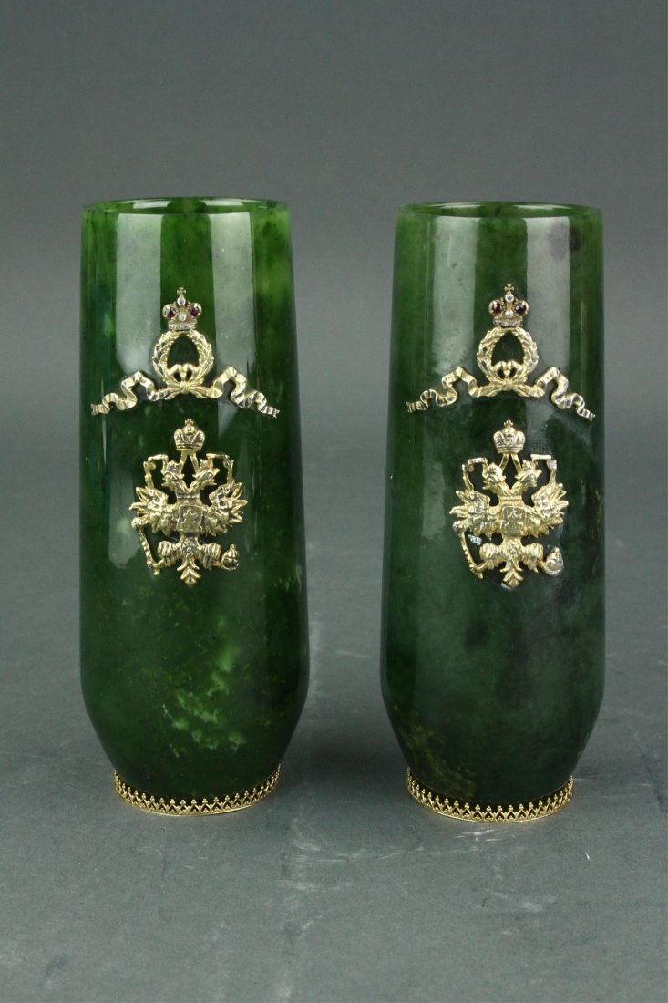 Pair of Russian Green Jade Vases 84 Silver MK (1 of 4)