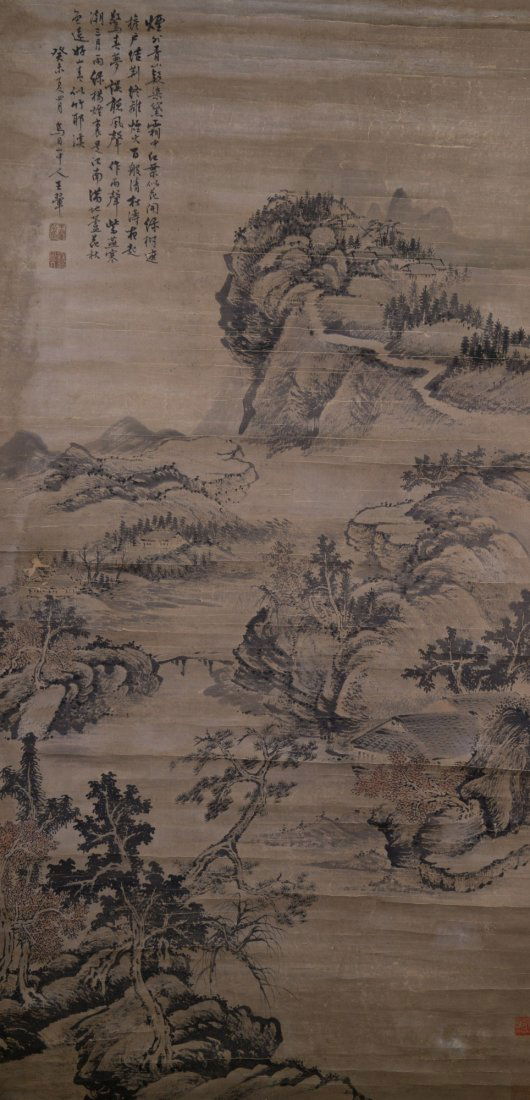 Chinese WC Landscape Painting Wang Hui 1632-1717: 王翚 水墨设色风景 纸本立轴 Landscape, Chinese ink and watercolour on paper; signed Wang Hui and inscribed with four artist seals