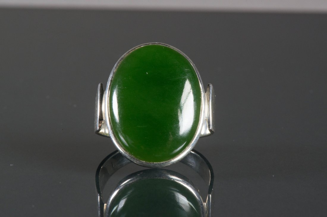 Chinese Spinach Green Jadeite Carved Silver Ring (1 of 3)