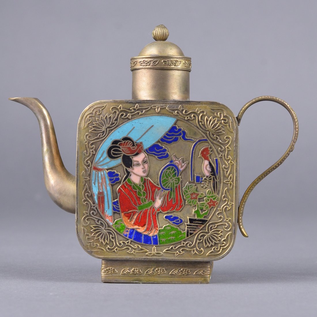 Chinese Silver Tea Pot w/ Enameled Scene of Beauty (1 of 4)