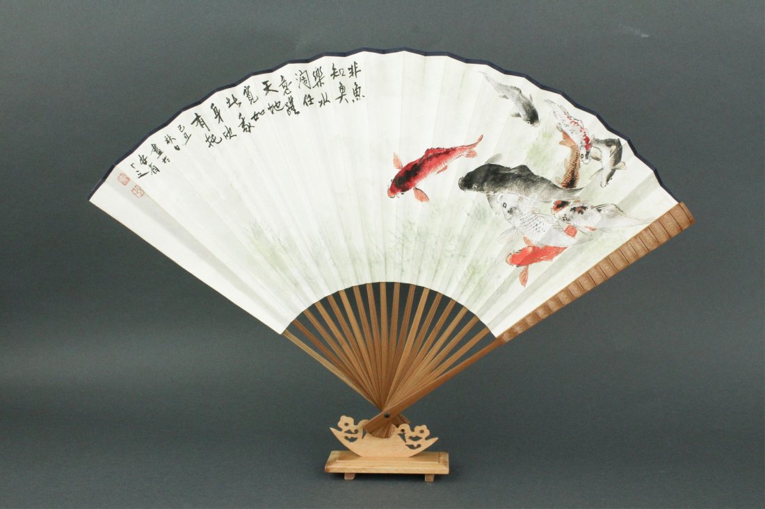 Chinese WC Fan Painting Signed w/Stand (1 of 7)