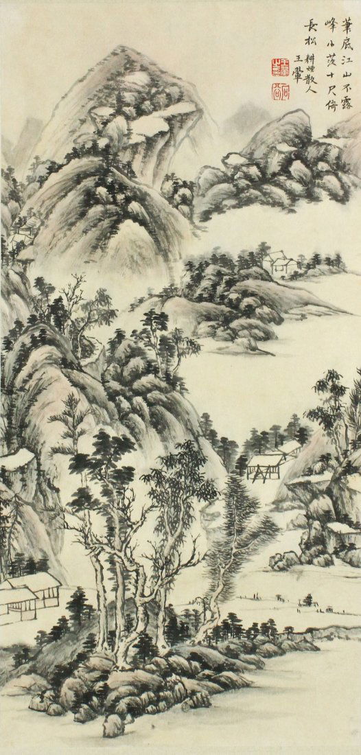 WC Landscape Painting Paper Wang Hui 1632-1717: 王翬 水墨山村风光 纸本镜片 Villages among mountains; Chinese ink on paper; signed Wang Hui and inscribed with two artist seals;
