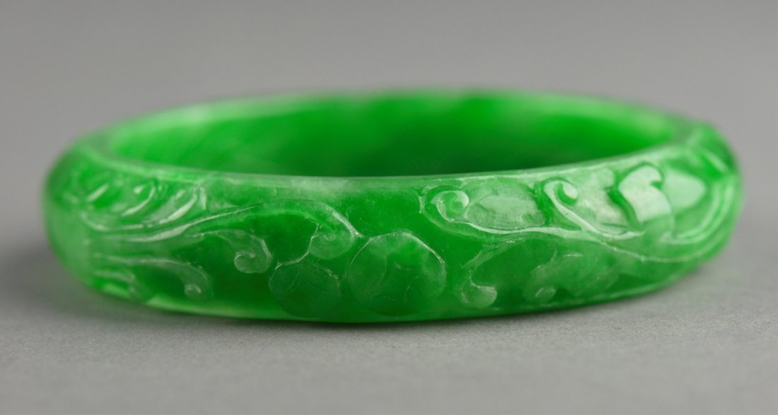 Chinese Carved Emerald Green Jade Bangle (1 of 4)