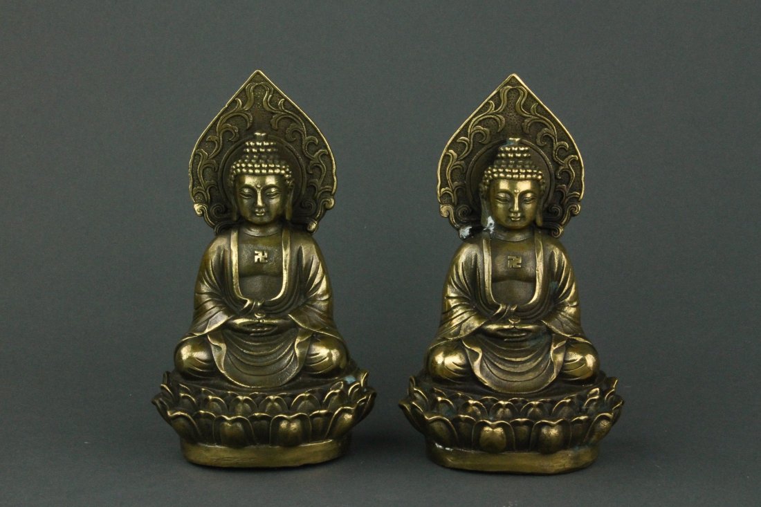 Pair Chinese Bronze Buddha Figures w/ Qing Mk (1 of 7)