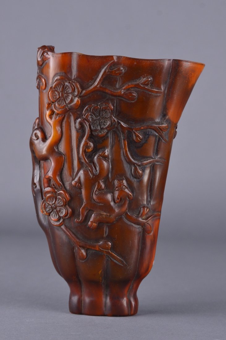 Chinese Horn Carved Libation Cup Chilong Design (1 of 4)