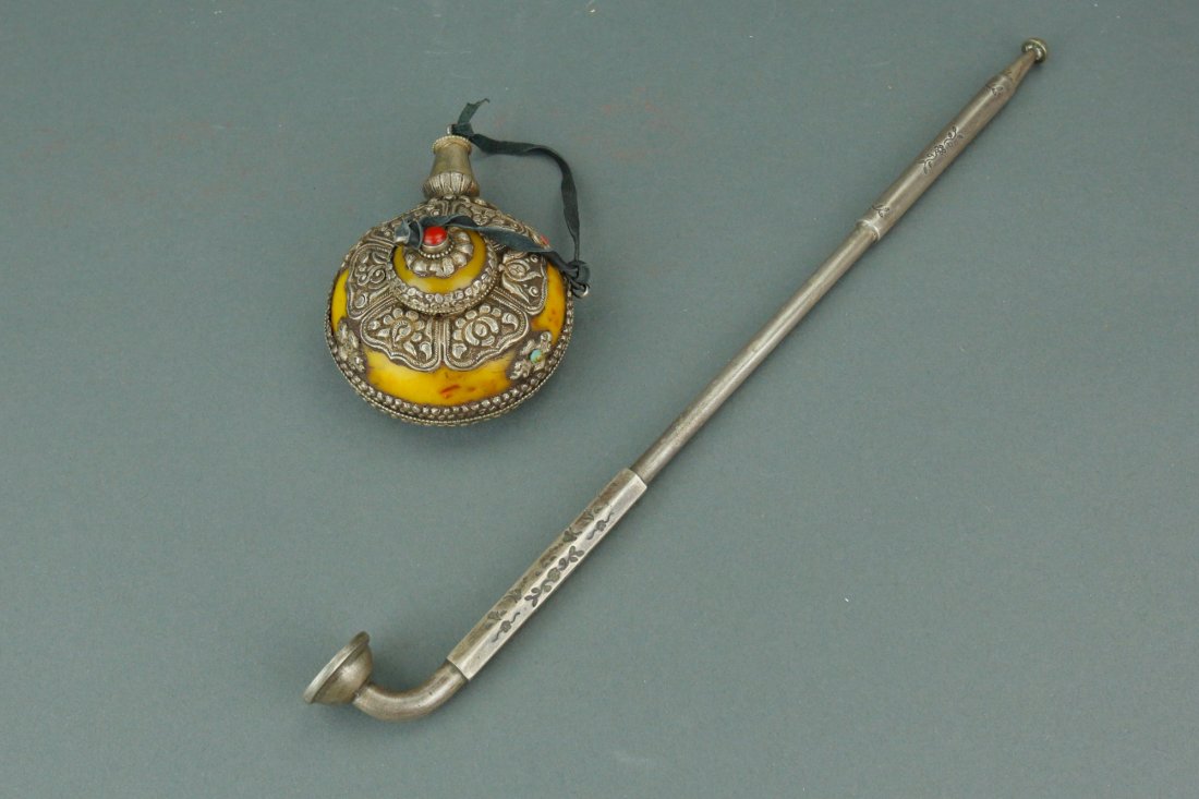 Chinese Silver Opium Pipe w/ Amber Snuff Bottle (1 of 8)
