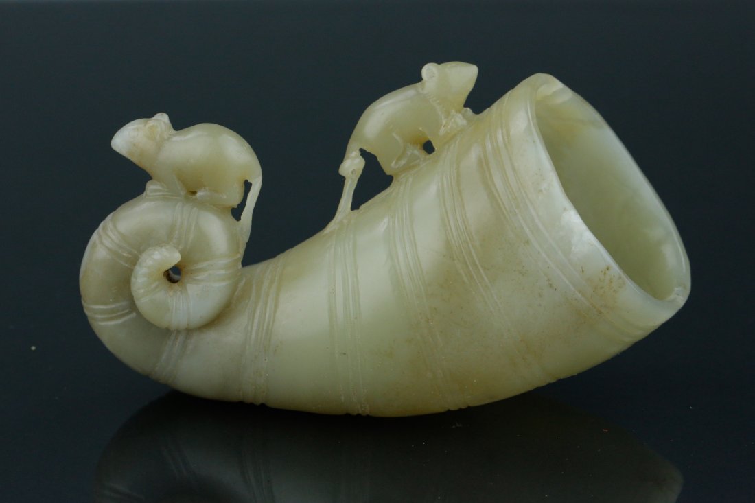 Fine Chinese Celadon Jade Carved Horn & Fu Mice (1 of 7)