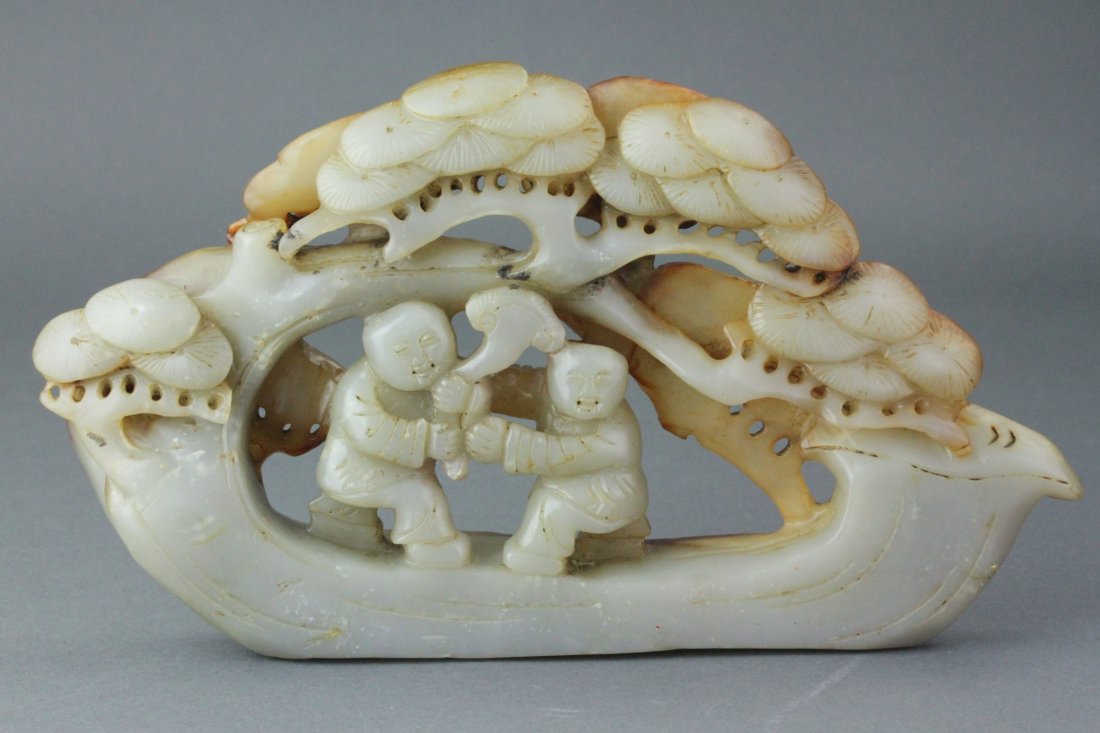 Chinese White Jade Carved Two Boys Under Tree (1 of 5)
