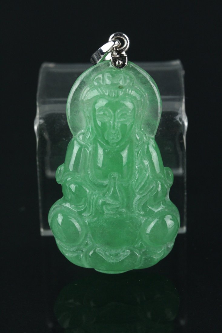 Chinese Green Jade Guanyin Pendant 18K Bail (1 of 2)