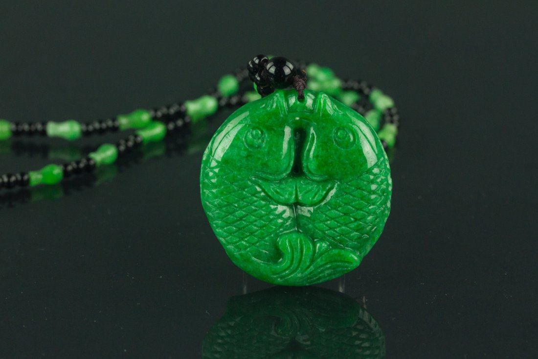Chinese Green Jade Carved Fish Necklace (1 of 5)