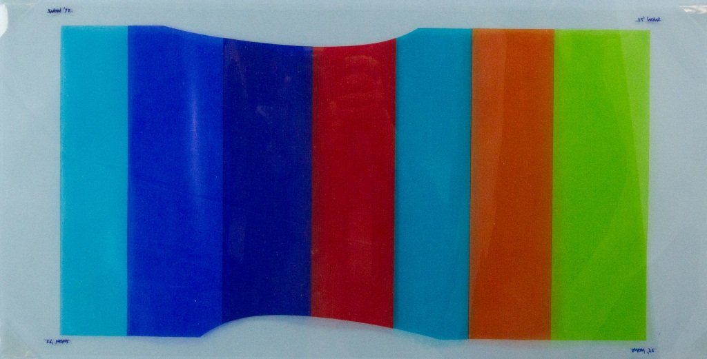 Michael Snow b.1929 Canadian Mixed Media Frame: Abstract strips; mixed media of acrylic and plastic; mounted on board with frame; signed Michael Snow (b.1929), Canadian artist; 81 cm x 50 cm with frame