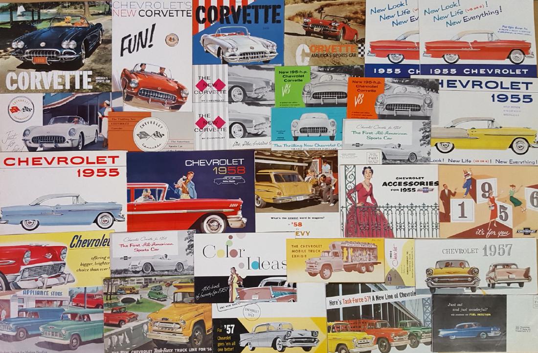1955-1960 Chevrolet, Corvette brochures: Chevrolet, Corvette, Corvair and Chevrolet truck brochures, 96 total items