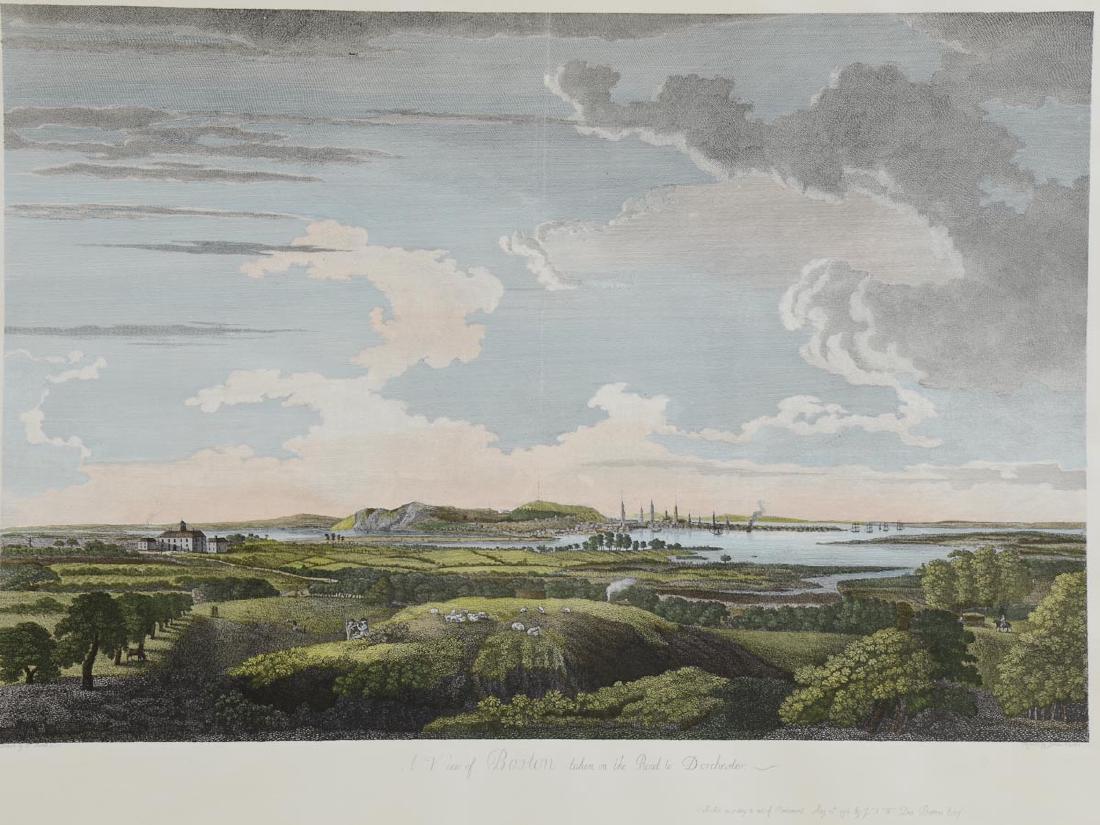 A View of Boston by W. Pierre: A view of Boston taken on the Road to Dorchester. The original was created circa 1776 drawn by W. Pierre and engraved by James Newton. This is a Barre publication high quality reprint dated 1967 and p