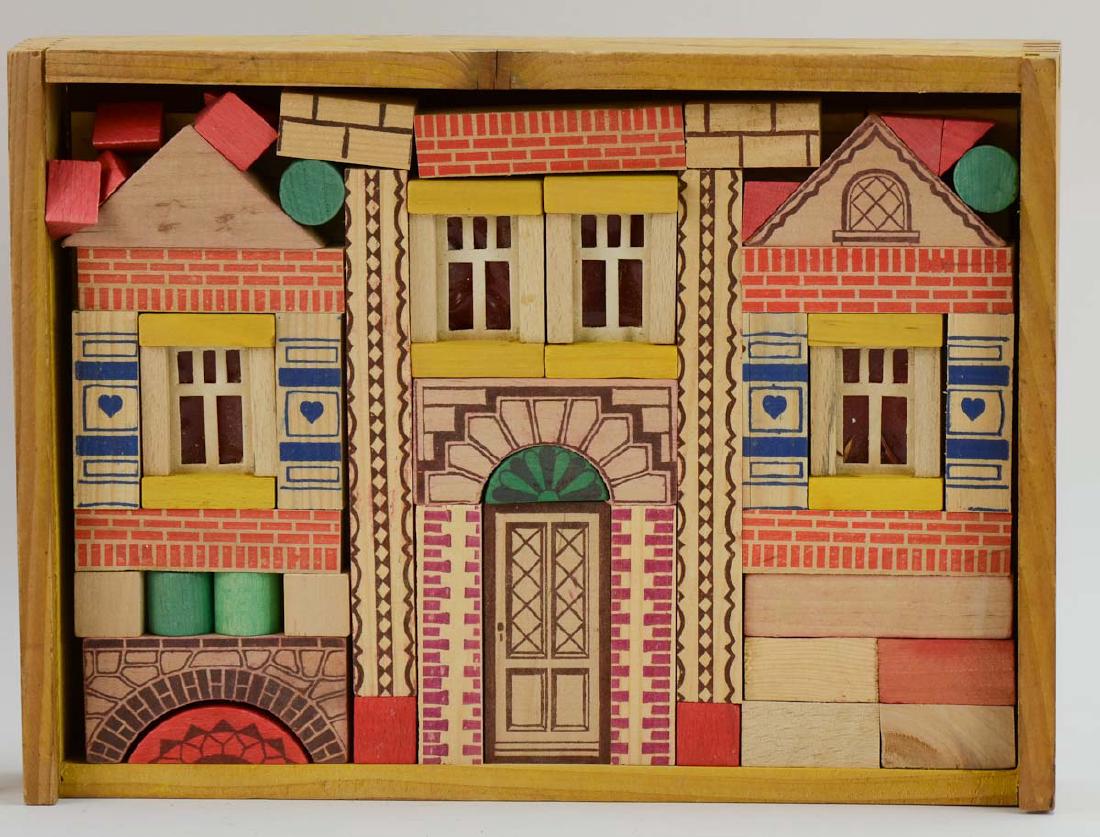 Vintage German Toy Building Blocks: Made in the US Zone of Germany, Wood blocks in a wood box, near complete, or complete. Light exterior stains, overall good. 8" x 11" x 2". shipping weight: 3 pounds