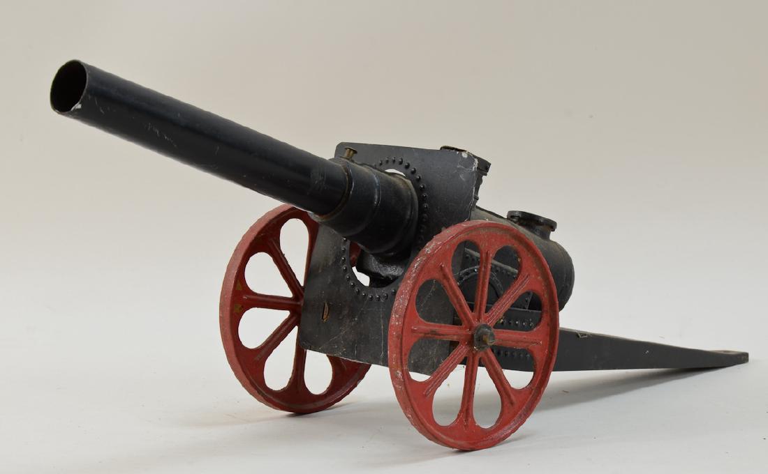 Vintage Toy Signal Cannon: Big Bang Style Cannon in Steel and cast iron. light rust, fired several times. overall length: 24". Shipping weight: 6 pounds.