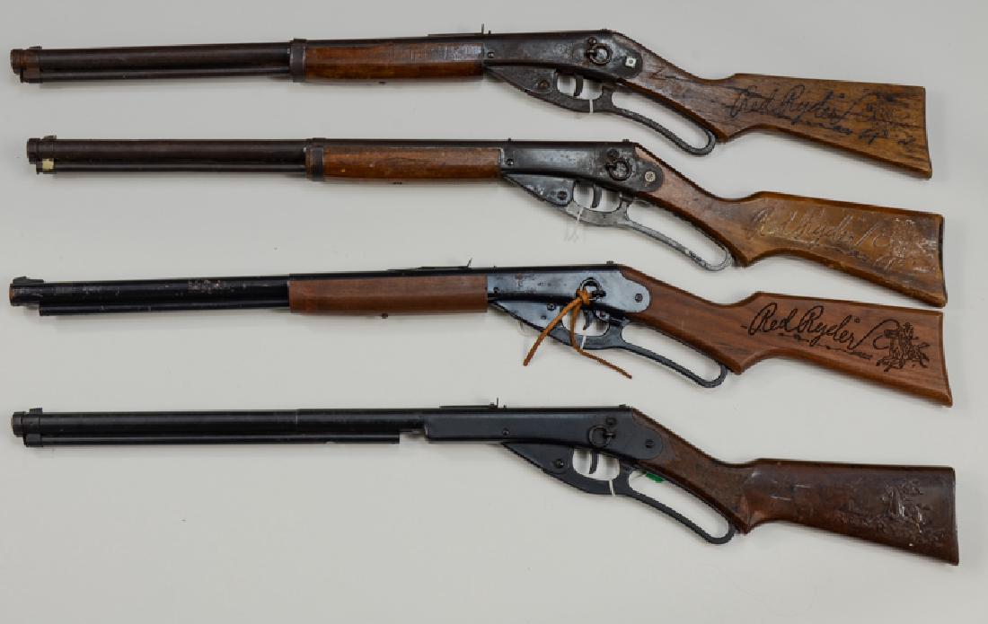 Four Daisy Red Ryder Carbine BB Guns: Age and condition varies. 20% to 50% each. Length 36" Keywords: BB Gun, Rifle, Pistol, Airgun, Air Gun, Pellet, soft, target