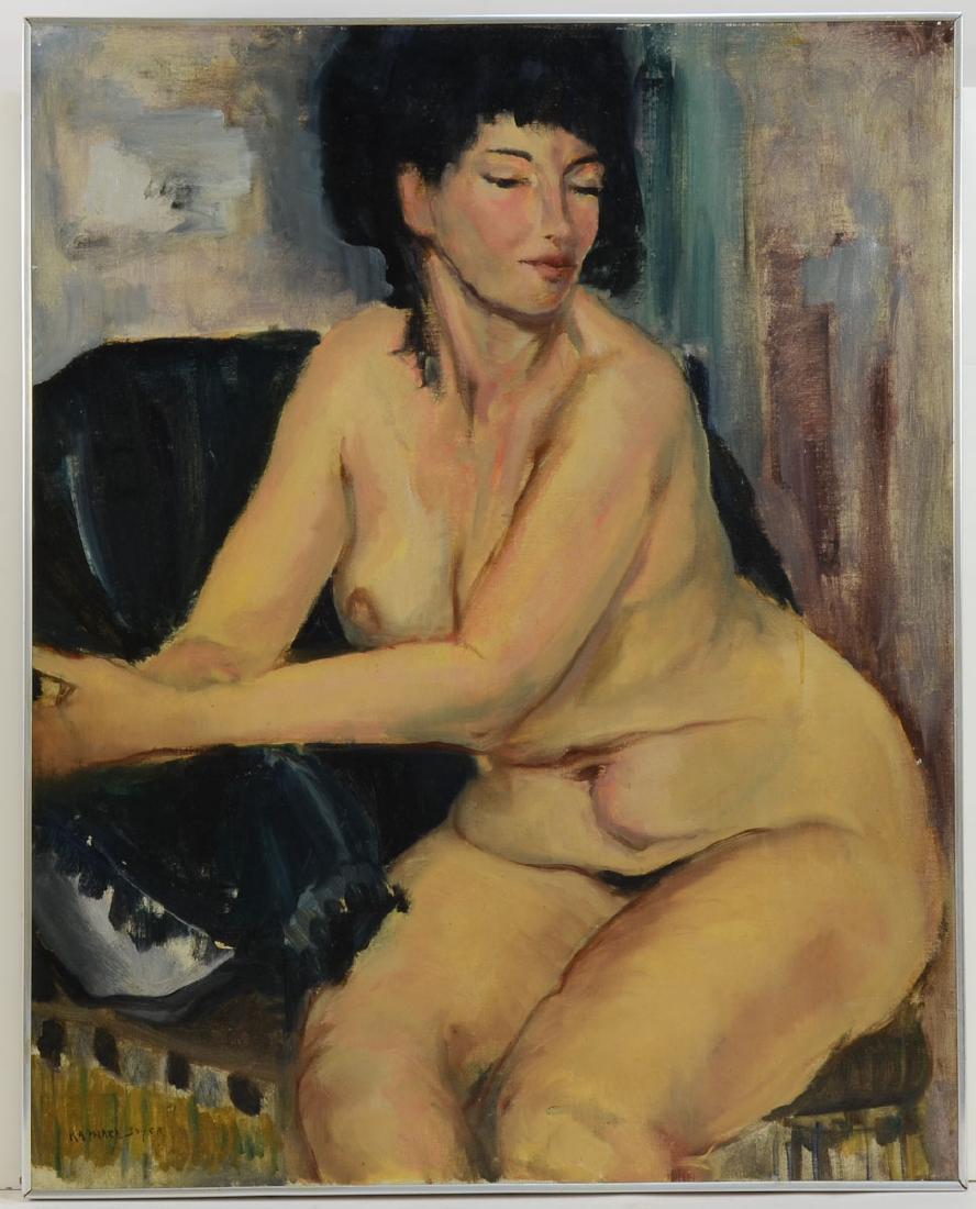 Raphael Soyer (American 1899-1987): Oil on canvas, seated Nude, Signed Lower left, Written on the back of stretcher: "Raphael Soyer, Elsa" work measures 24" x 30" With provenance letter stating "Harpist Janet Putnam Soyer, wife of Celli